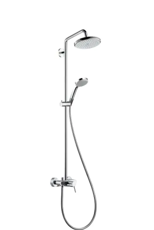 Duschsystem von Hansgrohe mit fest installiertem Kopfbrause und Handbrause, verbunden durch einen flexiblen Schlauch, sowie einem Einhebelmischer zur Temperaturregulierung.